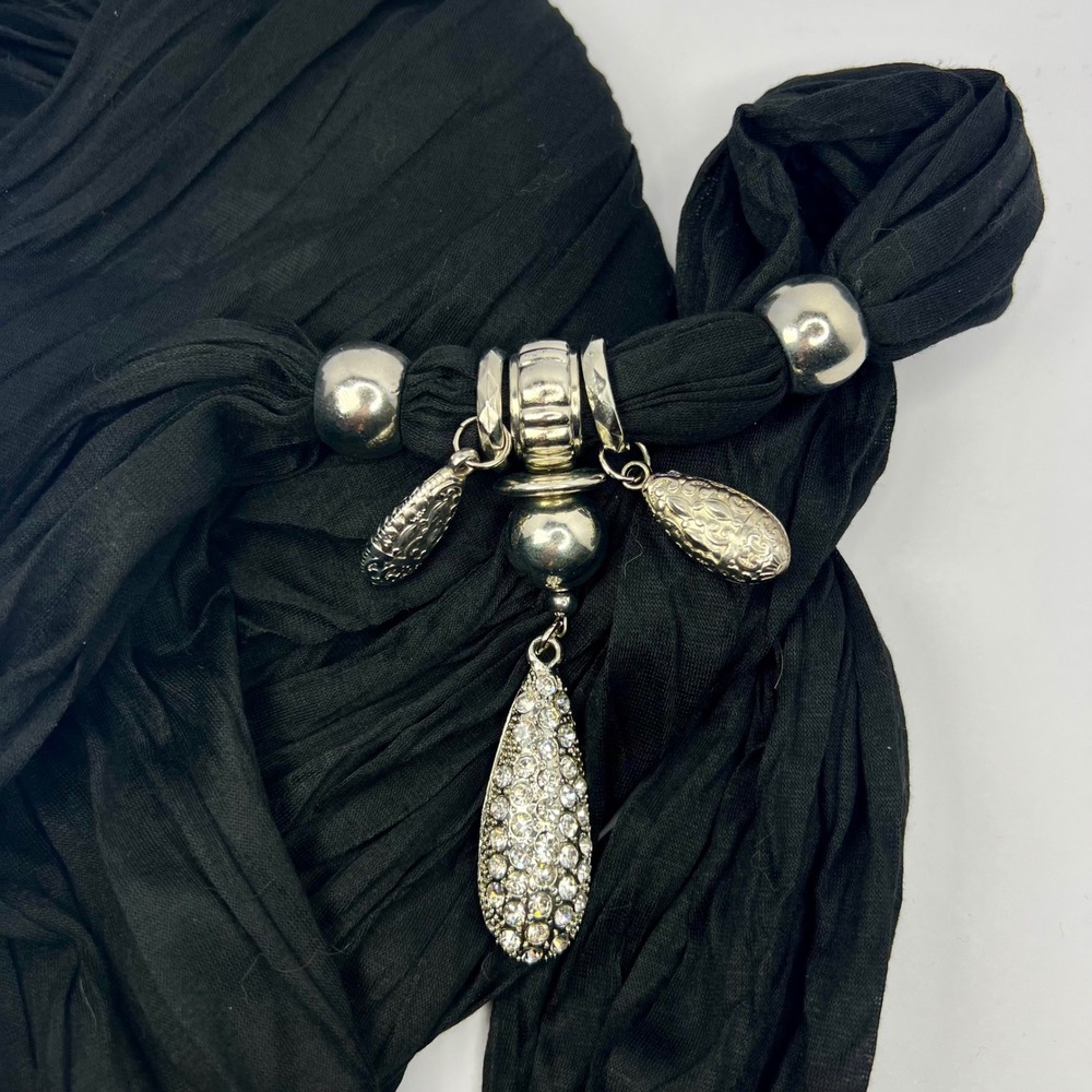 Black Scarf Necklace Silver Tone‎ Beads Rhinestones Fringe Western Statement